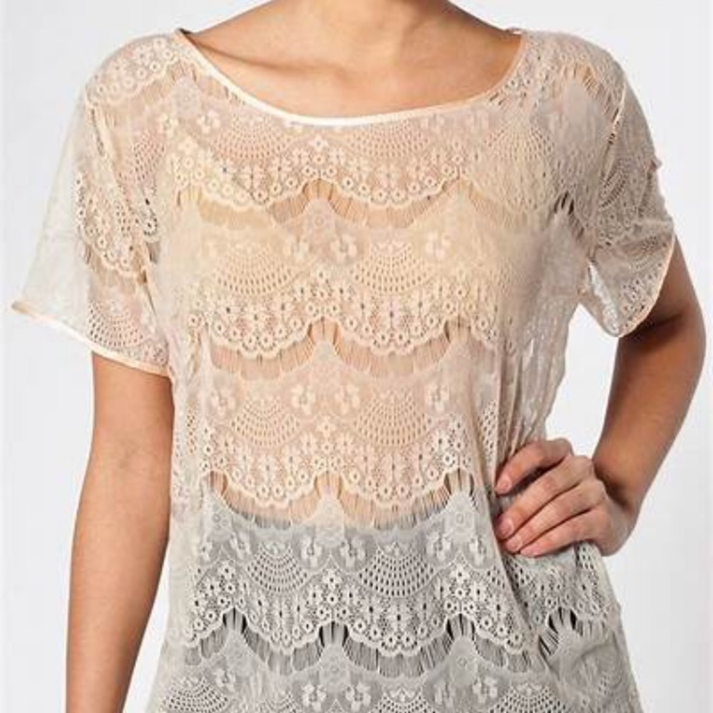American Apparel Blush Lace Tee with Satin Lined Collar and Hem size M